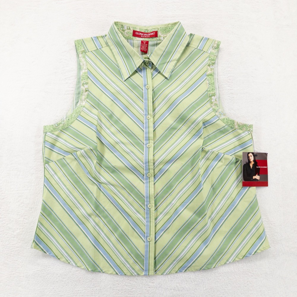 Gloria Vanderbilt Womens Sleeveless Shirt 1X Green Striped Cotton Stretch NEW